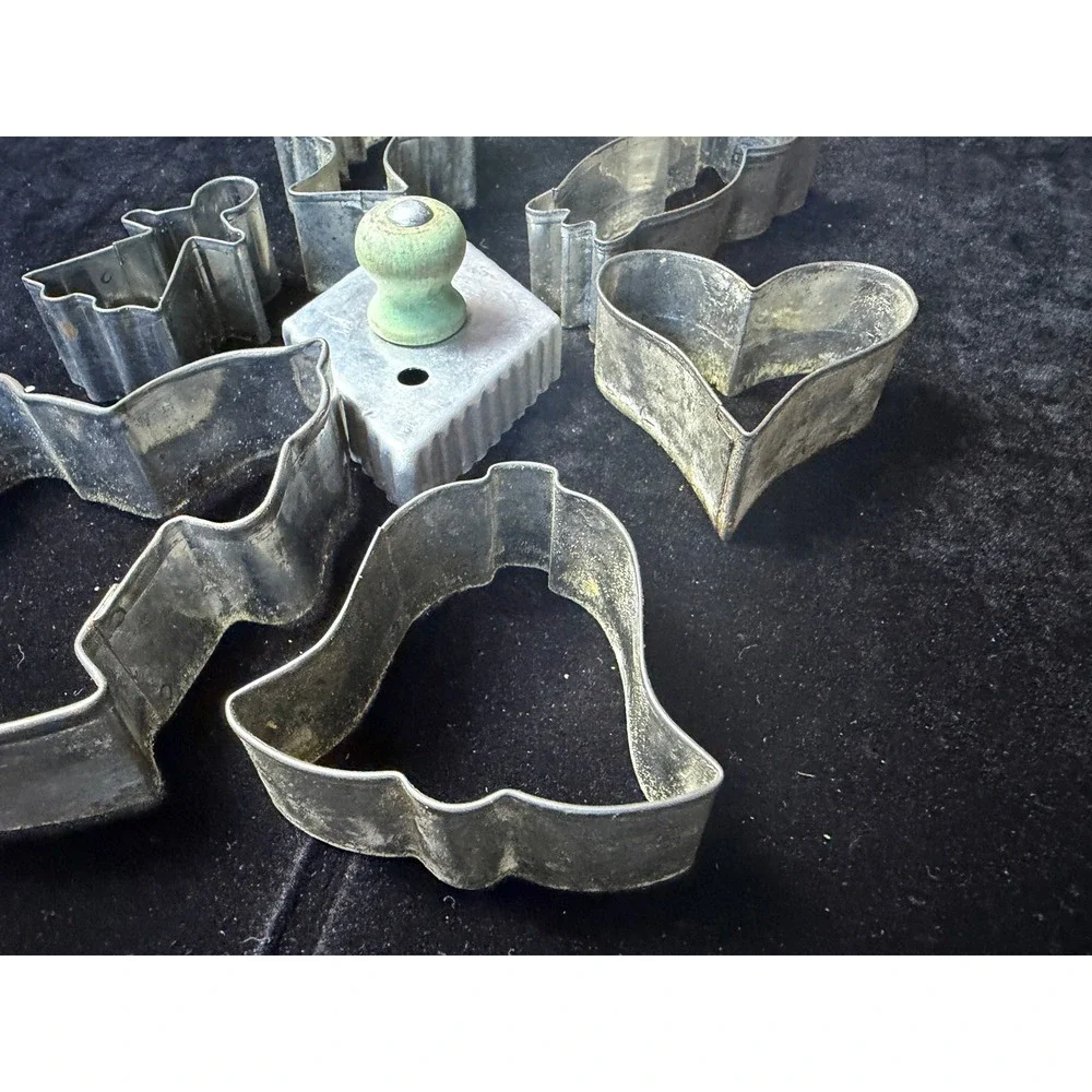 Vintage Tin Cookie Cutter Set Rocking Horse Angel Heart Tree Wood Handle Diamond